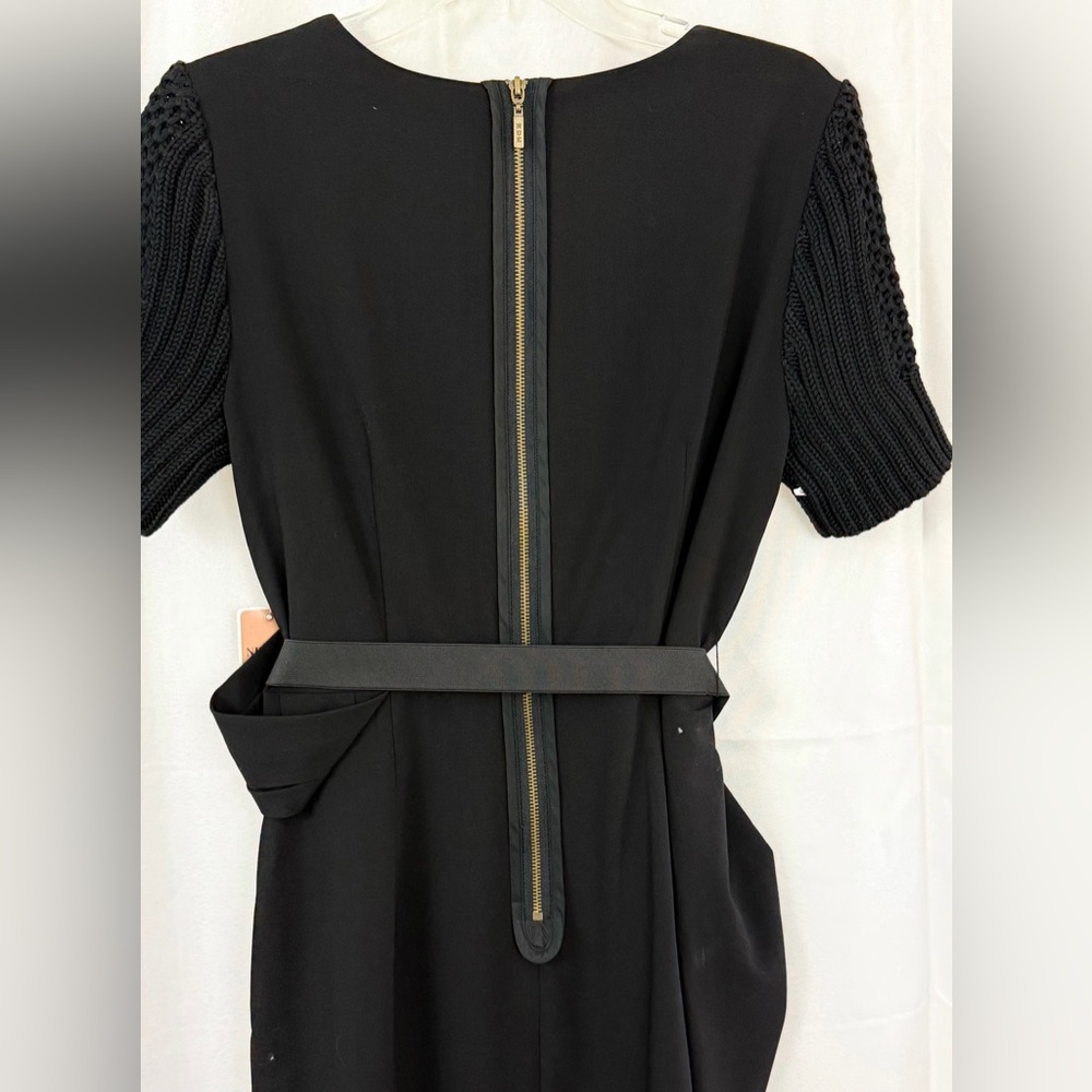 Nue by Shani Shapewear Lined Black V-Neck, Knit Sleeves Belted Midi Dress NWT - Picture 12 of 13